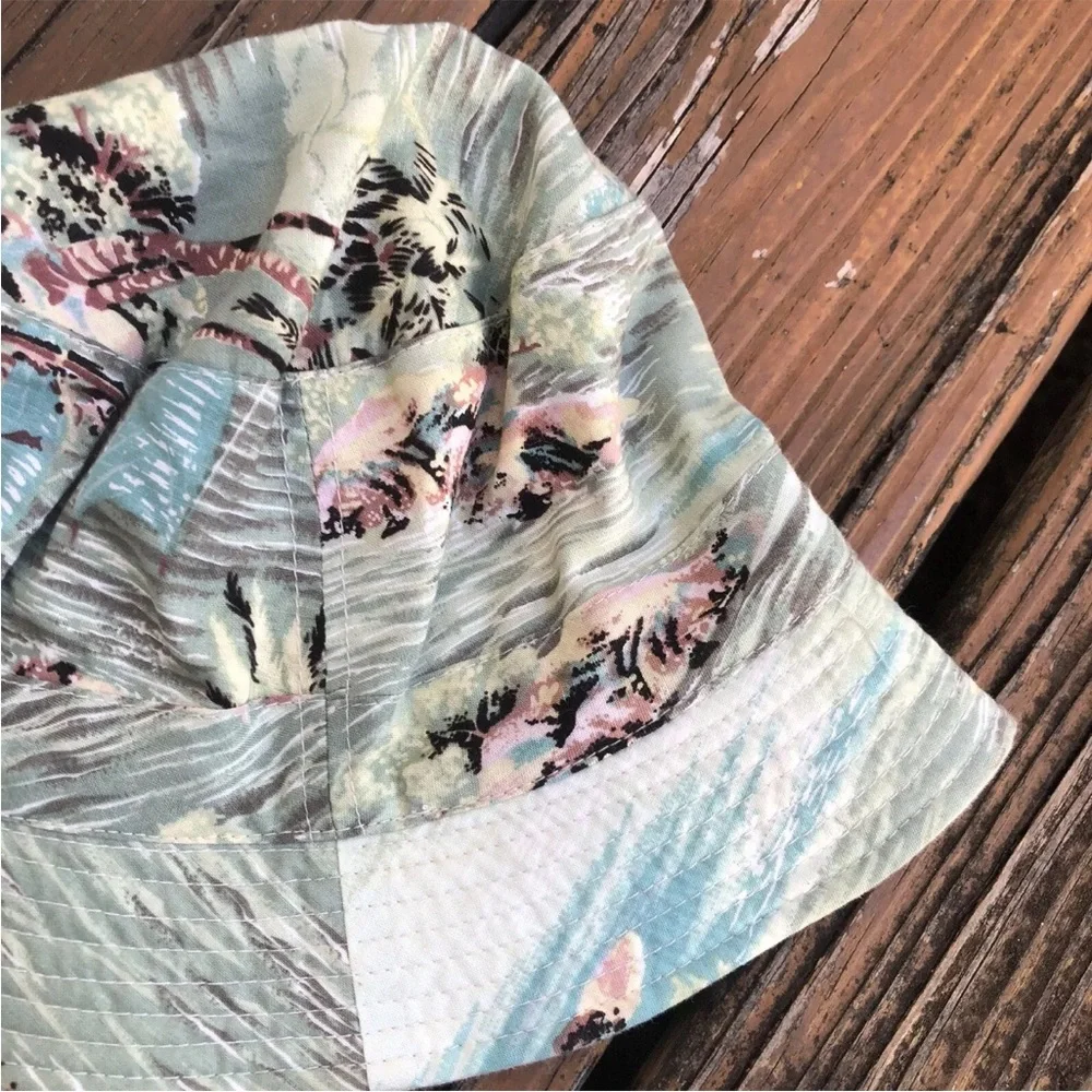 Hawaiian Luau Floral Hat Pool Sunhat Bucket Palm Tree Ocean Cotton Vintage 90s - Picture 4 of 8